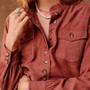 Sezane Kim Button-down Cord Shirt, Rosewood, Size 4/6